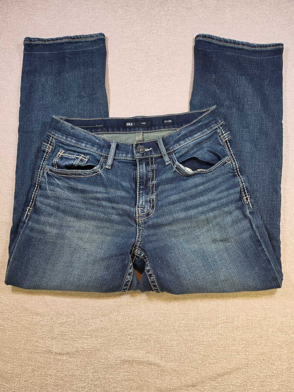 BKE Mens 31x30 Jake Straight Jeans Dark Wash Distressed Thick Stitch Denim